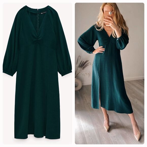 Zara Green Puff Sleeve Dress Midi Slit - Picture 2 of 7